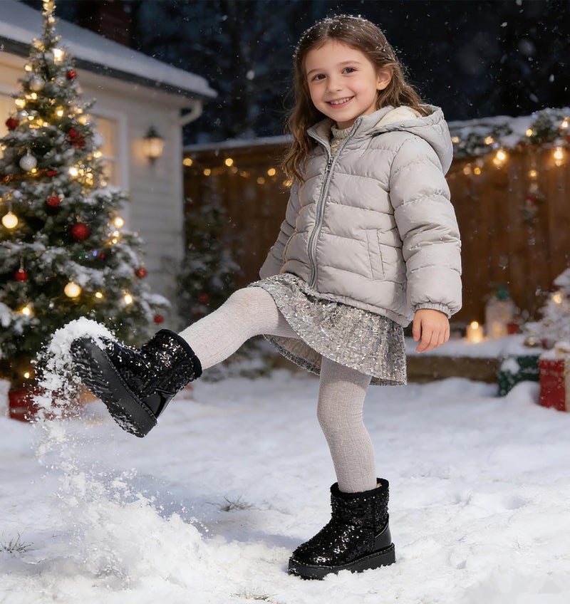 DADAWEN Boy's Girl's Warm Winter Sequin Waterpoof Outdoor Snow Boots Black US Size 9 M Toddler - Image 2